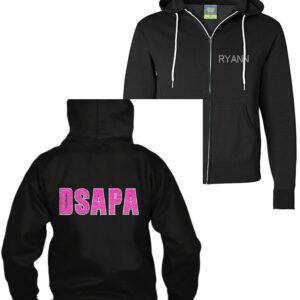 DSAPA black zip-up hoodie with bling logo on back and bling personalization on front