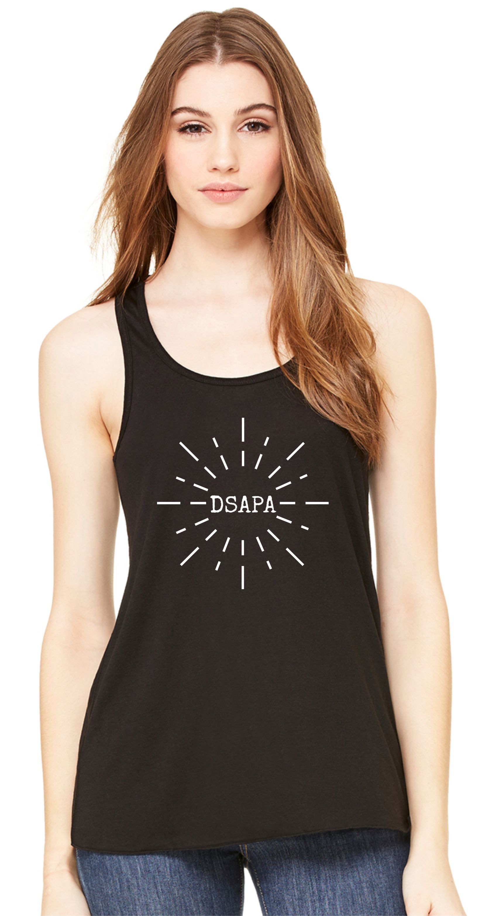 Womens flowy tank black with DSAPA sunburst logo in white – The Bling ...