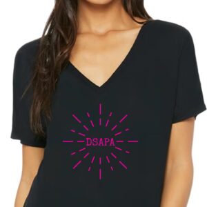Womens slouchy tee v-neck black with DSAPA sunburst logo in pink foil