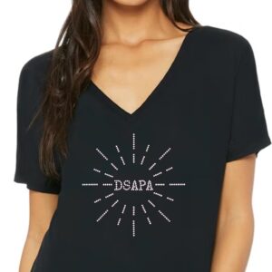 Womens slouchy tee black with DSAPA sunburst logo in crystal AB stones