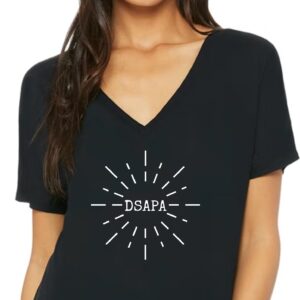 Womens slouchy tee v-neck black with DSAPA sunburst logo in white