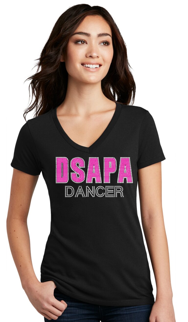 DSAPA DANCER fitted v-neck tee black with stones and glitter vinyl ...