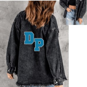 DP Women's Black Denim Jacket with chenille varsity letter patches on back and "Dance Mom" patch on front pocket