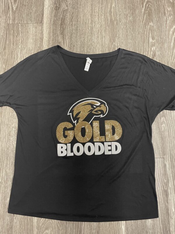 EDHS Gold Blooded Ladies Relaxed Fit V-Neck Bling Tee