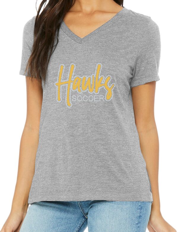 EDHS Soccer Grey Slouchy Fit V-Neck Tee with Hawks in Foil and Crystal Bling