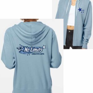 No Limits C.A. Unisex sized misty blue zip-up hoodie with glitter vinyl logo
